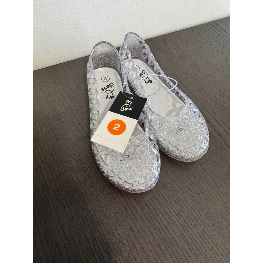 Art Class Lena Jelly Sandals girls Size 2 Clear Glitter Lattice Cutout Flats